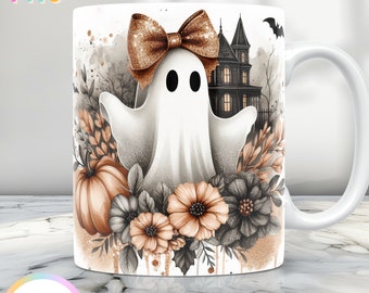 Envoltura de taza con fantasma de Halloween, regalo de taza de Halloween PNG, envoltura de taza de 11 oz y envoltura de taza de 15 oz, diseño de taza de café de Halloween, diseños de prensa de taza espeluznantes