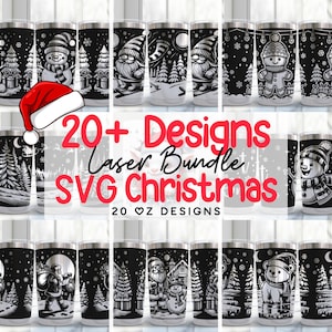 Könnte beinhalten: Ein Set mit über 20 Designs für 20 oz Becher mit verschiedenen Weihnachtsmotiven. Die Designs beinhalten einen Schneemann, einen Gnom, einen Lebkuchenmann, einen Eisbären und einen Weihnachtsmann. Die Designs sind in Schwarzweiß gehalten und perfekt zum Laserschneiden geeignet.