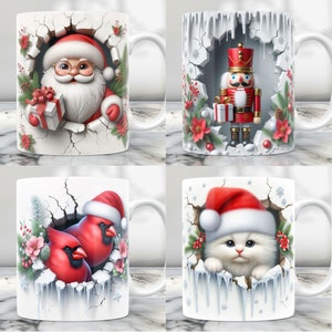 Puede incluir: Cuatro tazas de cer&aacute;mica blanca con diferentes dise&ntilde;os navide&ntilde;os. La primera taza presenta a Pap&aacute; Noel asom&aacute;ndose por una pared agrietada con un regalo de Navidad rojo y blanco. La segunda taza presenta a un Cascanueces asom&aacute;ndose por una pared agrietada con un regalo de Navidad rojo y blanco. La tercera taza presenta dos cardenales rojos asom&aacute;ndose por una pared agrietada con un fondo nevado. La cuarta taza presenta un gato blanco con un gorro de Pap&aacute; Noel rojo asom&aacute;ndose por una pared agrietada con un fondo nevado.