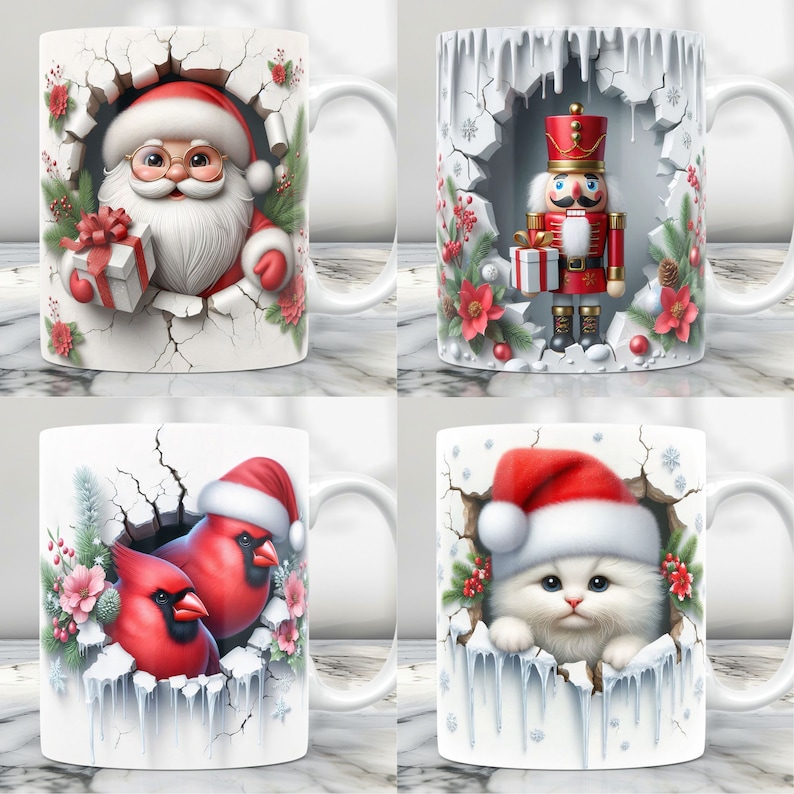 Puede incluir: Cuatro tazas de cer&aacute;mica blanca con diferentes dise&ntilde;os navide&ntilde;os. La primera taza presenta a Pap&aacute; Noel asom&aacute;ndose por una pared agrietada con un regalo de Navidad rojo y blanco. La segunda taza presenta a un Cascanueces asom&aacute;ndose por una pared agrietada con un regalo de Navidad rojo y blanco. La tercera taza presenta dos cardenales rojos asom&aacute;ndose por una pared agrietada con un fondo nevado. La cuarta taza presenta un gato blanco con un gorro de Pap&aacute; Noel rojo asom&aacute;ndose por una pared agrietada con un fondo nevado.