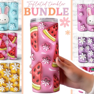 May include: A bundle of insulated tumblers with colorful designs. The tumblers feature patterns of a bunny, watermelon slices, daisies, and cherries. The text "Inflated Tumbler BUNDLE" is at the top. The tumblers are approximately 8 inches tall.