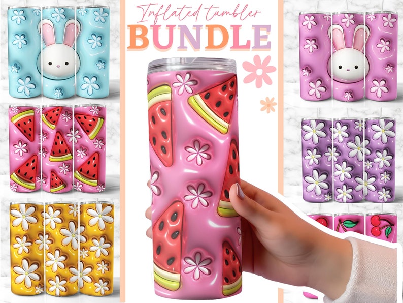 May include: A bundle of insulated tumblers with colorful designs. The tumblers feature patterns of a bunny, watermelon slices, daisies, and cherries. The text "Inflated Tumbler BUNDLE" is at the top. The tumblers are approximately 8 inches tall.