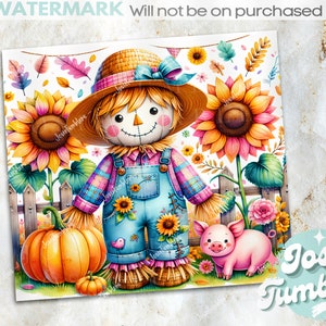 May include: A colourful watercolour illustration of a scarecrow wearing a straw hat and dungarees, set amongst sunflowers, pumpkins, and a pig. The design has an autumnal theme with a wooden fence and vibrant foliage. The text "WATERMARK will not be on purchased design" is at the top.