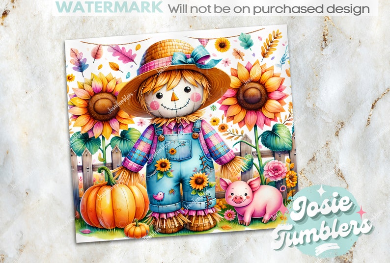 May include: A colourful watercolour illustration of a scarecrow wearing a straw hat and dungarees, set amongst sunflowers, pumpkins, and a pig. The design has an autumnal theme with a wooden fence and vibrant foliage. The text "WATERMARK will not be on purchased design" is at the top.