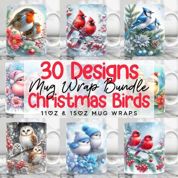 Christmas Bird Mug Bundle Png, 11oz Mug And 15oz Mug Wrap, Mug Sublimation Bundle, Christmas Mug Wrap Bundle Png, Bird Mug Designs PNG