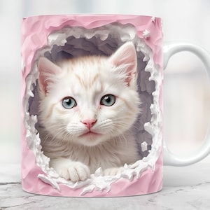 Pink 3D Kitten Mug Wrap, 3D Hole In A Wall Mug Png, 11 oz Mug Wrap And 15 oz Mug Wrap, Coffee Cup Png Designs, 3D Cat Mug Press Designs Png