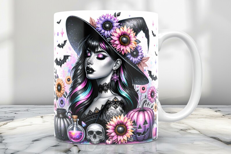 May include: White ceramic mug featuring a colourful illustration of a witch wearing a black hat adorned with sunflowers, bats and a pumpkin. The witch has long black hair with pink and blue streaks, and she is wearing a black choker with a spiderweb pendant.