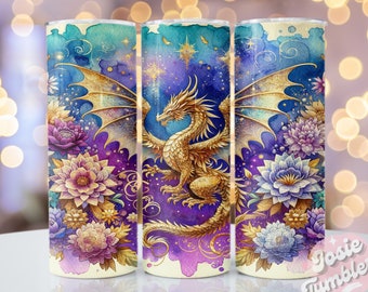 Aquarel draken beker wrap, 20oz magere sublimatie beker ontwerpen, draken sublimatie beker ontwerp, aquarel beker png-download