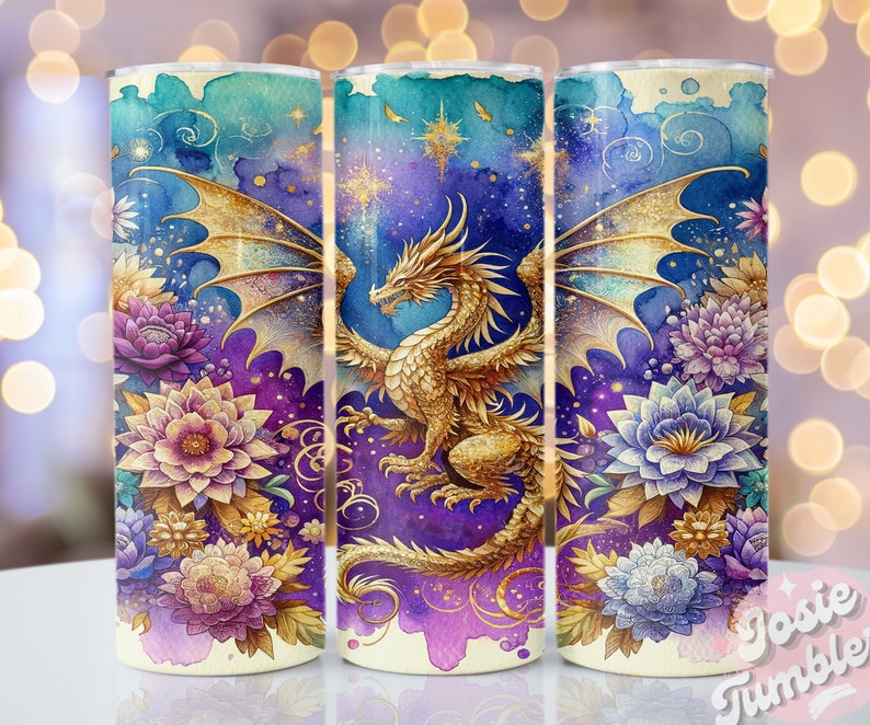 Envoltura de vaso de dragón de acuarela, diseños de vaso de sublimación flaco de 20 oz, diseño de vaso de sublimación de dragón, vaso de acuarela png Descargar imagen 1