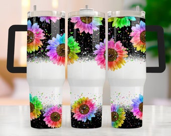 Sunflower 40 Oz Tumbler Wrap Sublimation, 40oz Quencher Tumbler Wrap Png, Flower Design Tumbler Sublimation, 40oz Tumbler With Handle Wrap