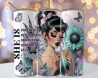 Affirmation Tumbler Wrap, 20oz Skinny Sublimation Tumbler Design, Watercolor Sunflower Sublimation Wrap, Inspirational Tumbler PNG Downloads