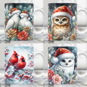 May include: Set of four white ceramic mugs with Christmas-themed designs. Each mug features a different animal wearing a Santa hat: a pair of white doves, an owl, and a snowy owl. The mugs are surrounded by festive greenery, red berries, and pine cones.