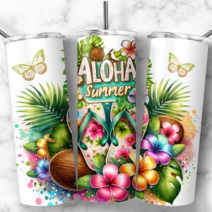 May include: White stainless steel tumbler with a tropical design. The design features the words "Aloha Summer" with flip-flops, flowers, coconuts, and butterflies. The tumbler has a silver straw.