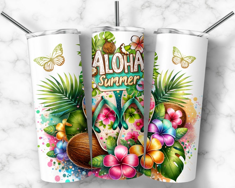May include: White stainless steel tumbler with a tropical design. The design features the words "Aloha Summer" with flip-flops, flowers, coconuts, and butterflies. The tumbler has a silver straw.
