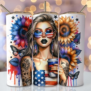 4th Of July Tumbler Wrap, 20oz Skinny Sublimation Tumbler Design, America Sublimation Design, Floral USA Patriotic Tumbler Png Download