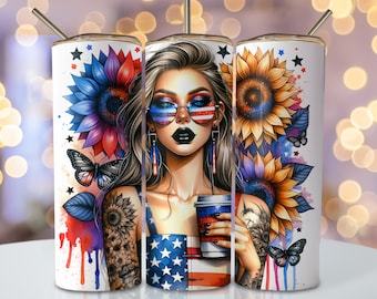 Envoltura de vaso del 4 de julio, diseño de vaso de sublimación flaco de 20 oz, diseño de sublimación de América, vaso patriótico floral de EE. UU. Descargar png