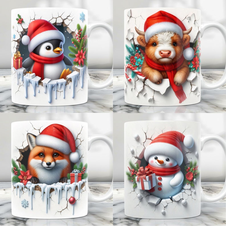 Puede incluir: Conjunto de cuatro tazas de cer&aacute;mica blanca con un tema navide&ntilde;o de invierno. Cada taza presenta un animal diferente con un gorro de Pap&aacute; Noel asom&aacute;ndose por una pared agrietada. Los animales son un ping&uuml;ino, una vaca, un zorro y un mu&ntilde;eco de nieve.