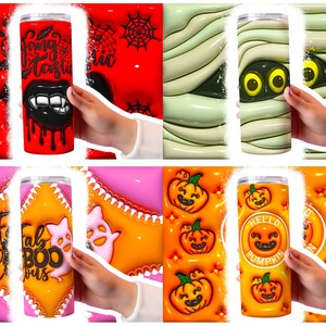May include: Four different Halloween-themed stainless steel tumblers with various designs. The designs include a vampire mouth with the text "Fangtastic", a mummy with eyes, a ghost with the text "Fab Boo-licious", and a pumpkin with the text "Hello Pumpkin".