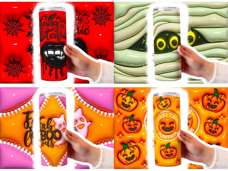 May include: Four different Halloween-themed stainless steel tumblers with various designs. The designs include a vampire mouth with the text "Fangtastic", a mummy with eyes, a ghost with the text "Fab Boo-licious", and a pumpkin with the text "Hello Pumpkin".