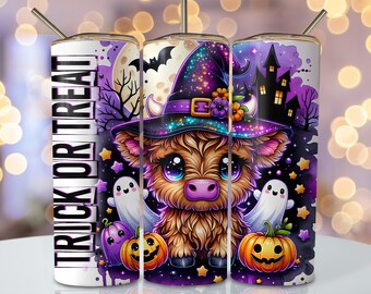 Adorable verre d'emballage d'Halloween, Gobelet à sublimation skinny 20 oz, Vache des Highlands Sublimation Png, Gobelet fantôme d'Halloween Png