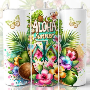 May include: A white 20 oz tumbler featuring a vibrant tropical design. The design includes the words "Aloha Summer" with flip-flops, coconuts, and colorful flowers. Gold butterflies and palm leaves complete the summery look.