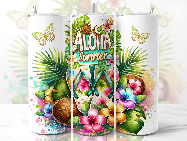 May include: A white 20 oz tumbler featuring a vibrant tropical design. The design includes the words "Aloha Summer" with flip-flops, coconuts, and colorful flowers. Gold butterflies and palm leaves complete the summery look.