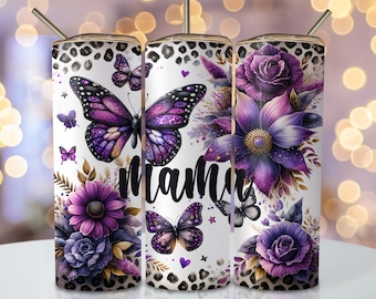 Mother's Day Tumbler Wrap, 20oz Skinny Sublimation Tumbler Design, Butterfly Sublimation Design, Watercolor Purple Mama Tumbler Png Wrap