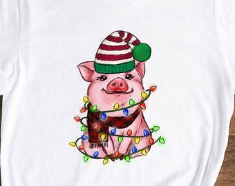 Christmas Pig Shirt, Cute Pig in Lights Tee, Funny Farm Animal Holiday T-Shirt, Xmas Gift for Pig Lovers, Cute Winter Party Shirt