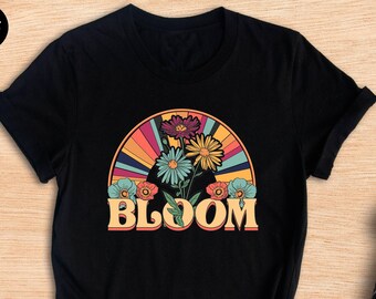 Retro Bloom Shirt, Vintage Wildflower Rainbow Floral Tee, 70s Groovy Plant Lady Gift, Boho Flower Shirt for Nature Lovers