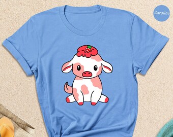 Strawberry Cow Shirt, Cute Kawaii Cow Tee, Farm Animal Lover Gift, Cottagecore Cow Shirt for Girls