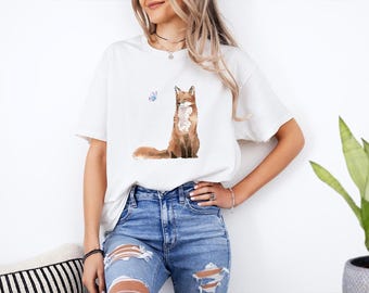 T-shirt renard et papillon, t-shirt nature animale