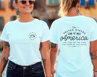 1776 USA Front Back Shirt, Land of the Free Home of the Brave Tee, Patriotic 4th of July T-Shirt for Women