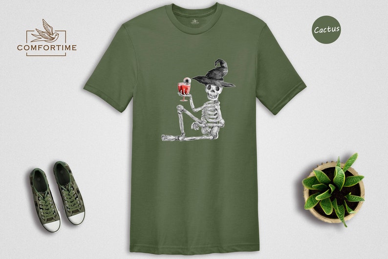 Skeleton Drinking Wine T-Shirt, Halloween Party Tee immagine 3