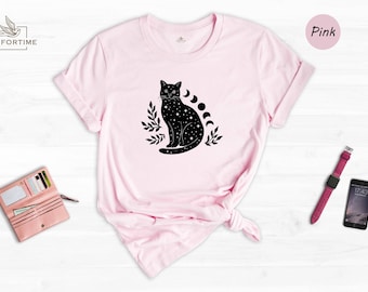 Celestial Black Cat Shirt, Moon Phase Floral Tee, Witchy Cat Lover Gift, Mystical Botanical T-Shirt for Women