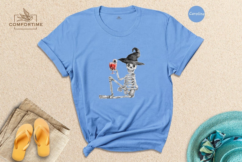 Skeleton Drinking Wine T-Shirt, Halloween Party Tee immagine 4