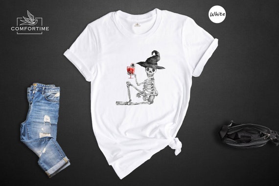 Skeleton Drinking Wine T-Shirt, Halloween Party Tee