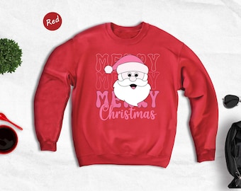 Pink Merry Christmas Santa Shirt, Cute Santa T Shirt And Cozy Sweatshirt, Groovy Retro Xmas Tee, Festive Holiday Top For Women Men
