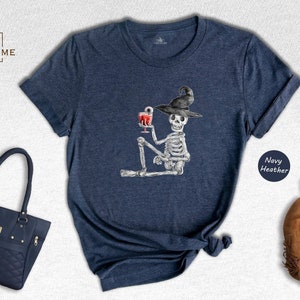 Skeleton Drinking Wine T-Shirt, Halloween Party Tee immagine 7