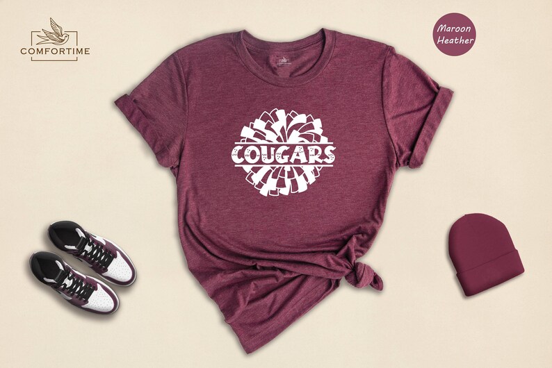 Cougars Cheer Pom Shirt, School Mascot T-Shirt, Team Spirit Tee, Cougars Football Game Day Shirt, Gift for Cougars Fan image 4
