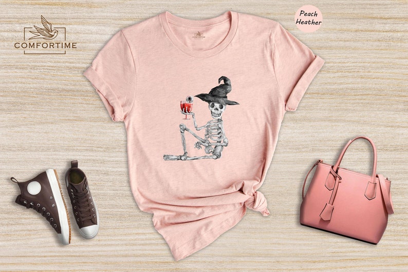 Skeleton Drinking Wine T-Shirt, Halloween Party Tee immagine 6