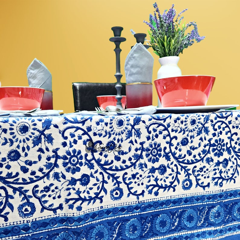 Stella Collection Cotton Floral Block Printed Tablecloth and Napkin - Thumbnail 5