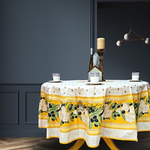 Sweet Us L&#39;Ail Olive Aura Wipeable Stain Resistant Cotton Floral Provencal Tablecloth Kitchen Dining Tablecloth for Round Tables Gold Yellow