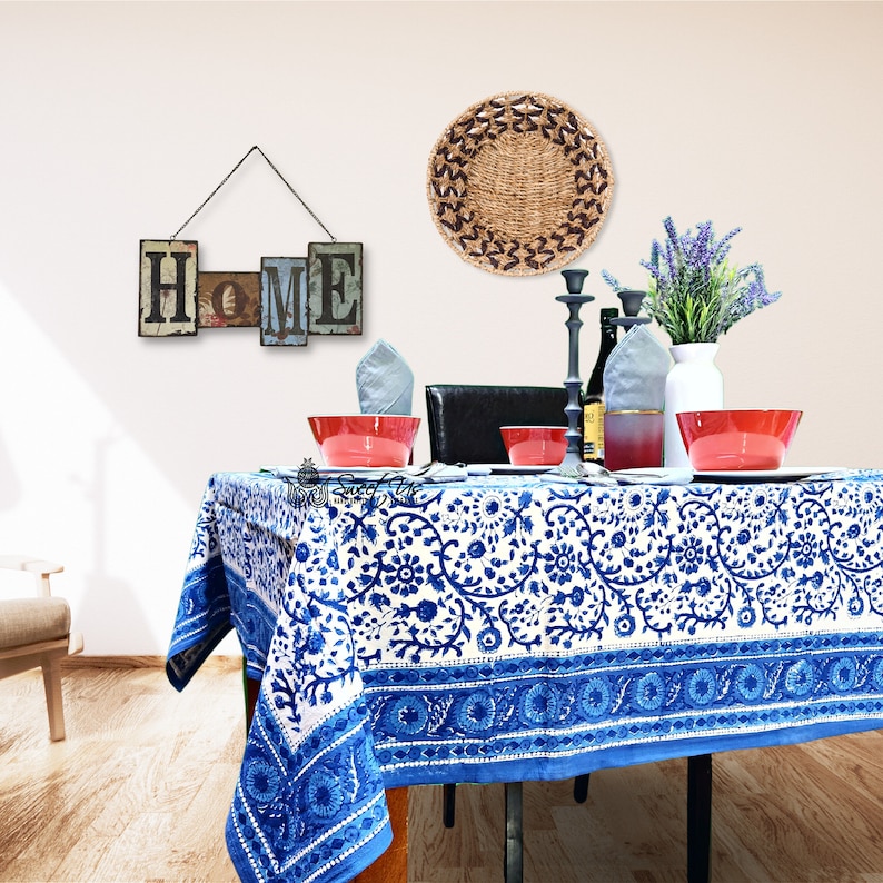 Stella Collection Cotton Floral Block Printed Tablecloth and Napkin - Thumbnail 3