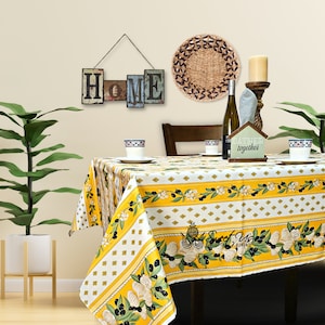 Sweet Us L&#39;Ail Olive Aura Wipeable Stain Resistant Cotton Floral Provencal Tablecloth, Kitchen Dining Tablecloth for Rectangle Tables, Gold