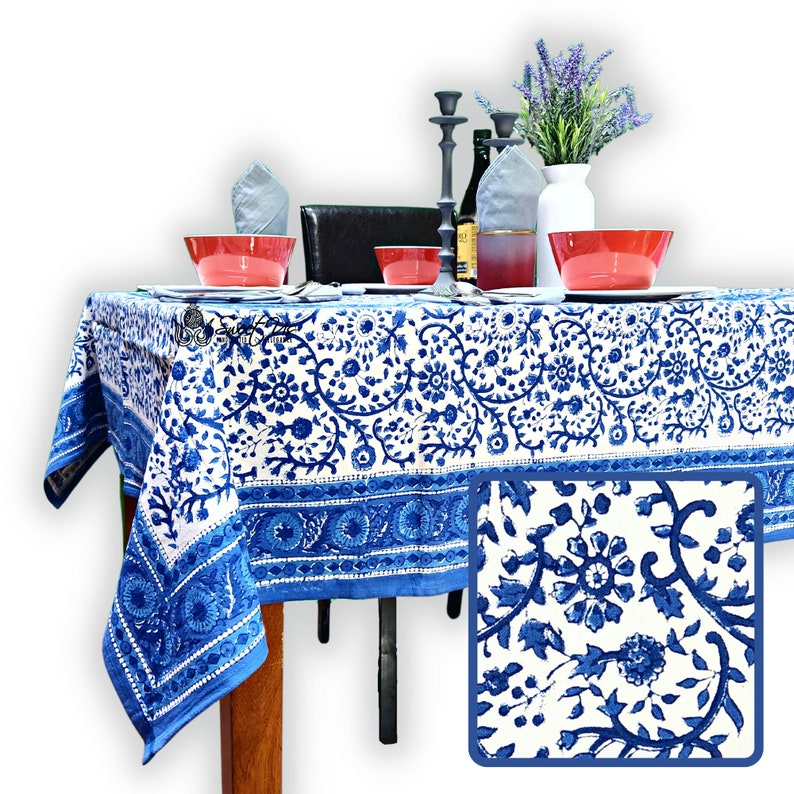 Stella Collection Cotton Floral Block Printed Tablecloth and Napkin - Thumbnail 2