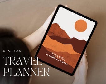 May include: A digital travel planner and journal on a tablet with an abstract landscape design featuring brown and orange hills and a sun. The text "TRAVEL PLANNER & JOURNAL" is displayed on the tablet.