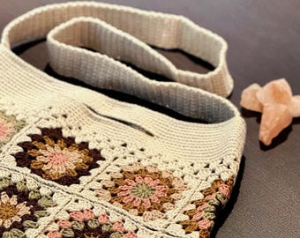Vintage-Inspired Crochet Purse - Handmade Granny Square Shoulder Bag in Pink & Olive