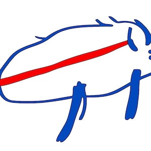 May include: A blue line drawing of a pig with a red line across its body. The pig has a simple, cartoon-like style.
