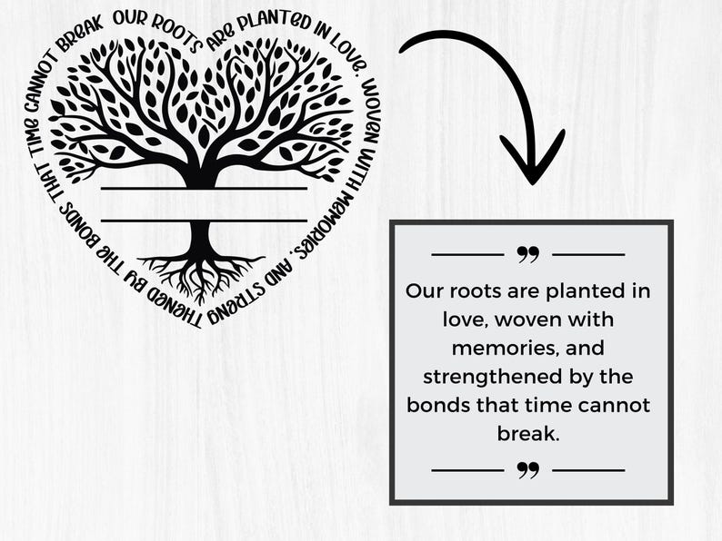 May include: Black and white graphic of a tree with roots and the text "Our roots are planted in love, woven with memories, and strengthened by the bonds that time cannot break."