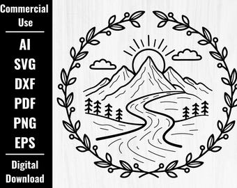 simple mountain svg, mountain range sunrise svg, floral wreath svg, mountain line art png, nature vector, dxf ai eps, cricut cut file